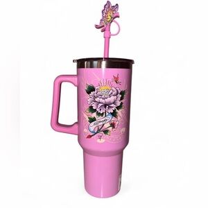 Pink Ed Hardy Tumbler w/ Floral Design & Butterfly Straw Topper